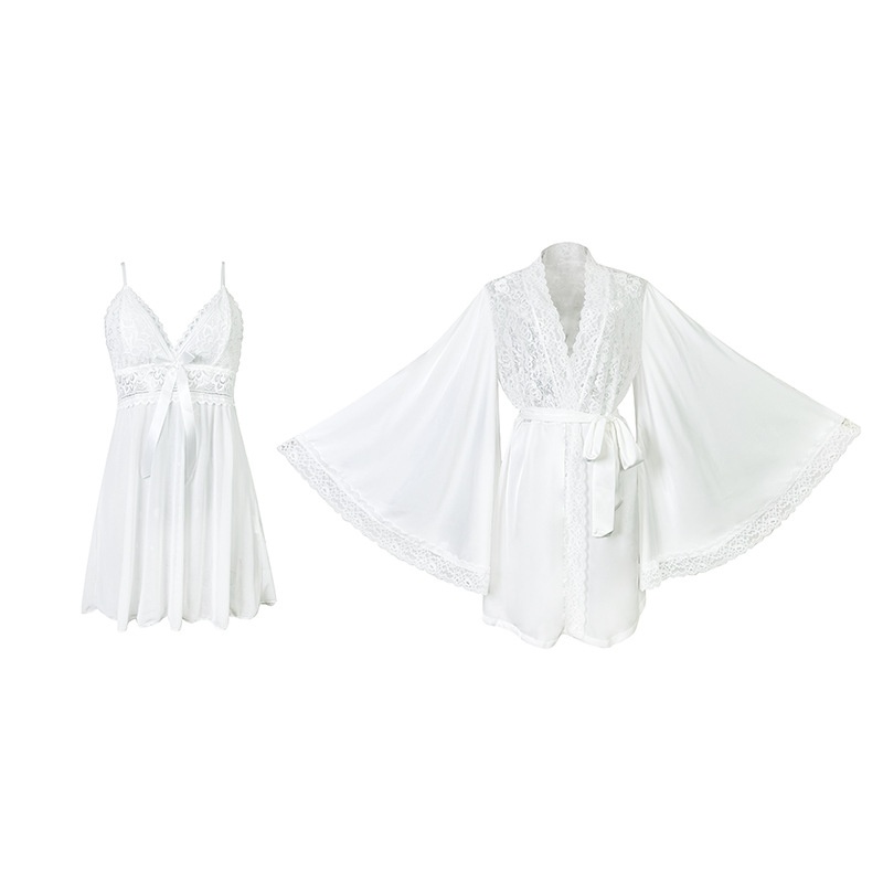 Womens Satin Lace Robe and Babydoll Nightgown Set - Sensual Chemise Sleepwear